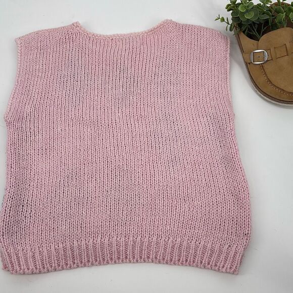 80’s Vintage hand-knit pastel pink argyle sweater-vest ramie metallic Large - Picture 8 of 12